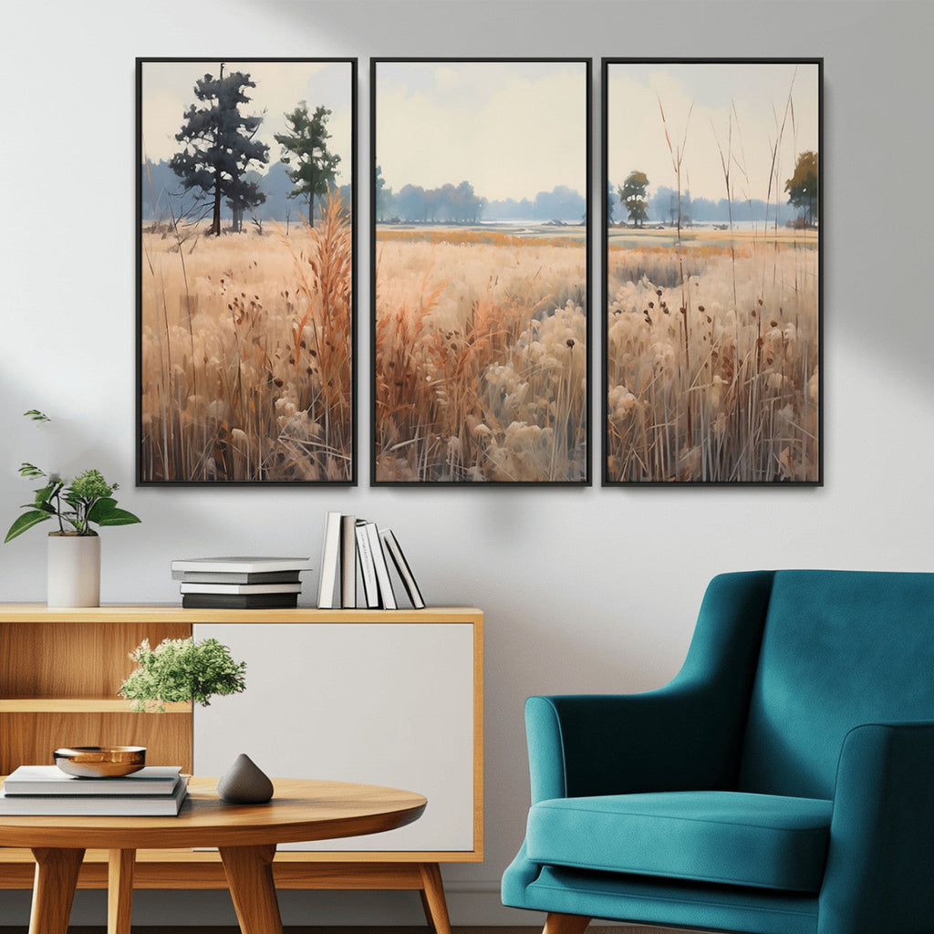 Golden Fields Canvas Wall Art Print | Serene Minimalist Landscape for Modern Decor