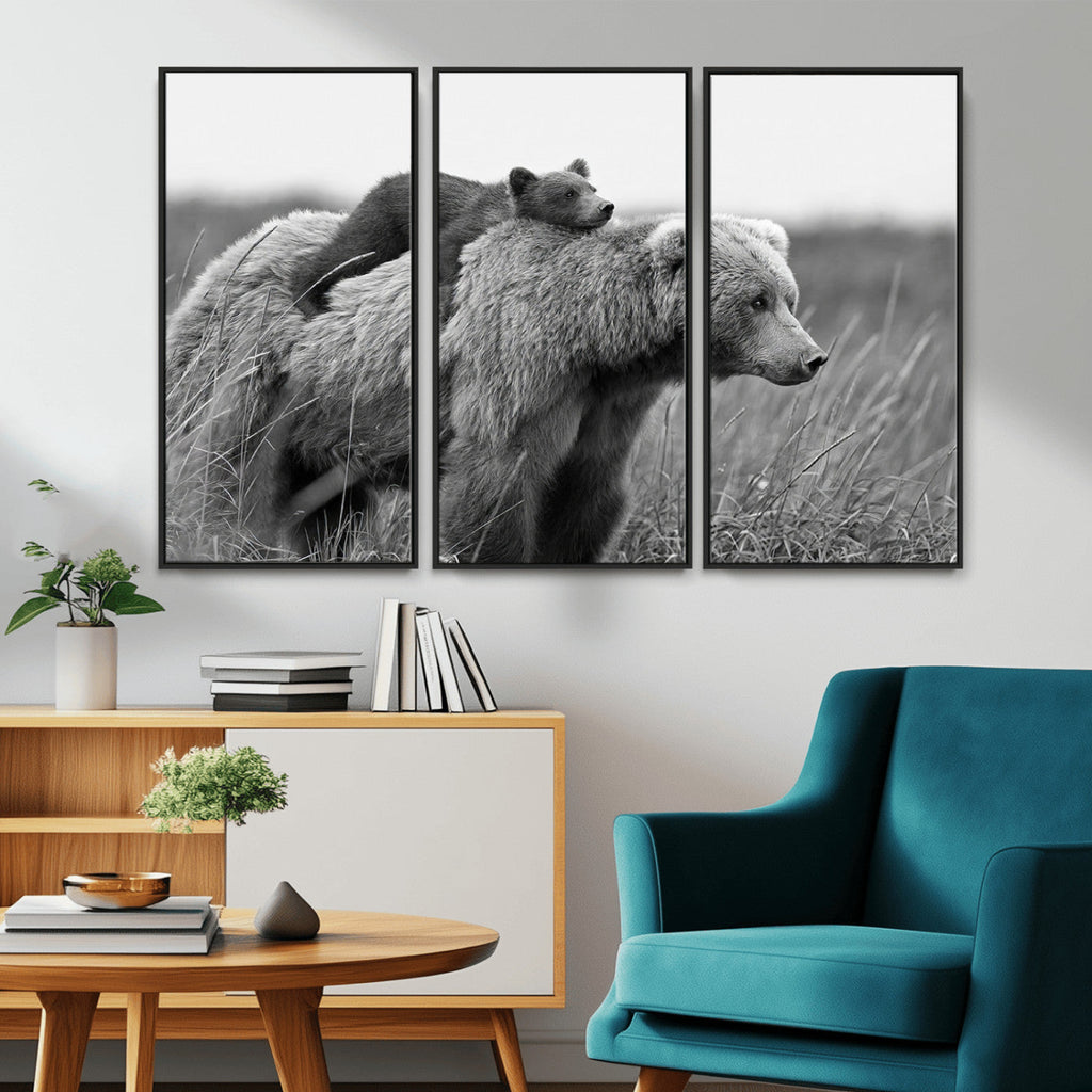 Bear and Cub Wall Art Canvas | Grizzly 399 Bear and Cub Black and White Wildlife Print