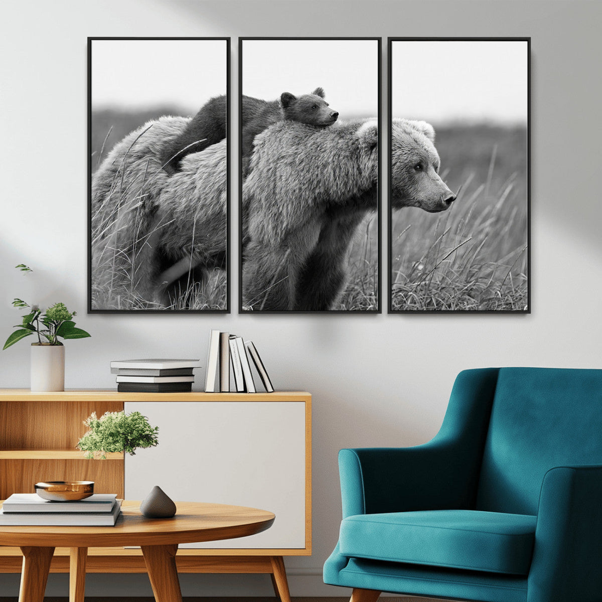 Bear and Cub Wall Art Canvas | Grizzly 399 Bear and Cub Black and White Wildlife Print