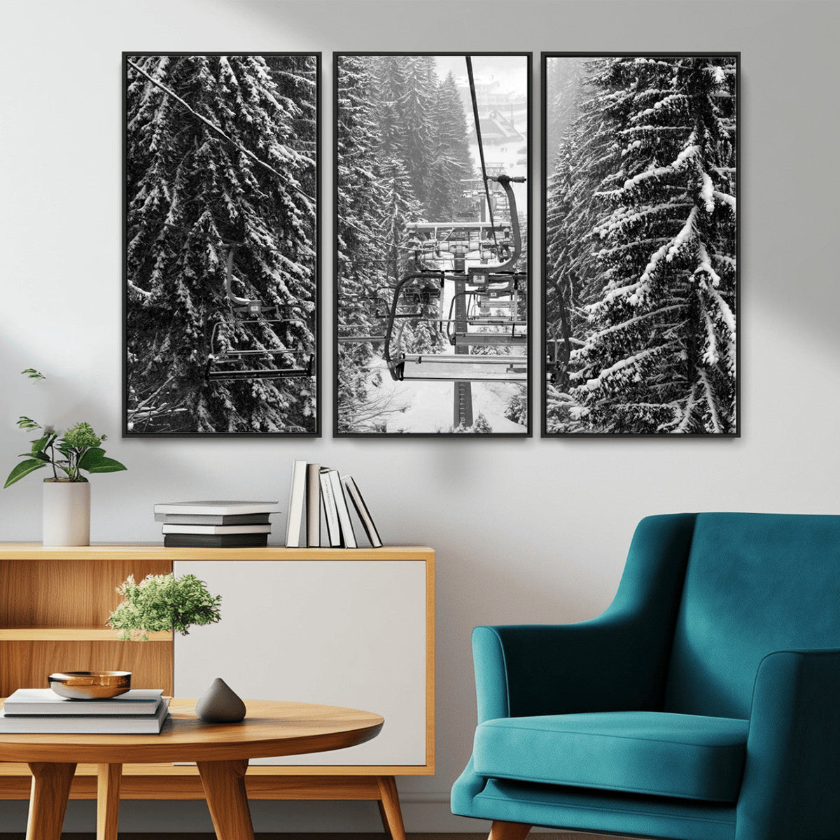 Winter Ski Lift Black and White Canvas Wall Art | Alpine Escape in Minimalist Style