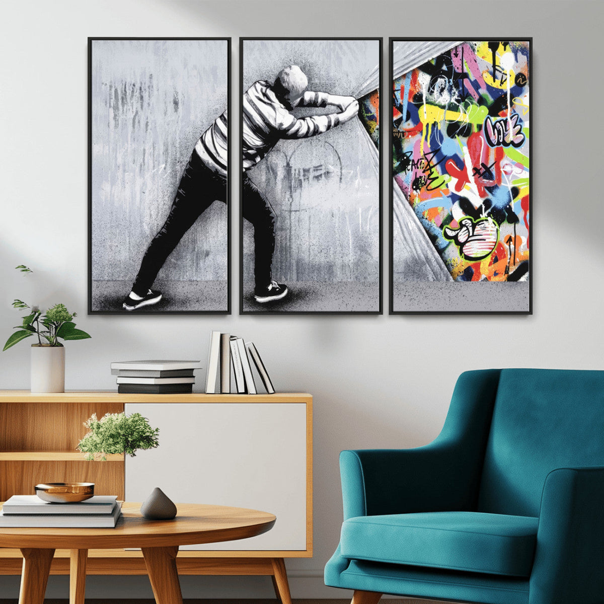 Banksy Art Behind the Curtain Street Wall Art Canvas Print | Urban Graffiti Style Wall Decor
