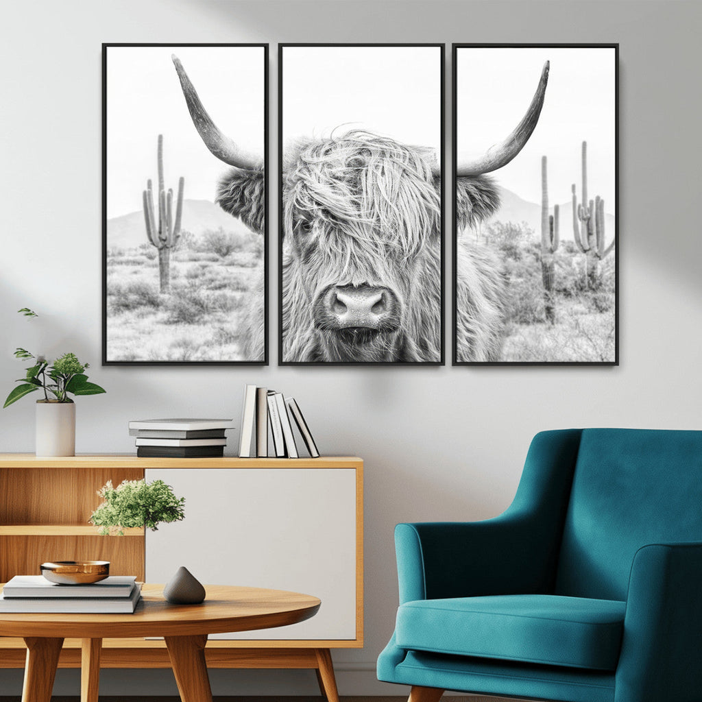 Rustic Charm, Cow Longhorn Black White Bighorn Wall Art