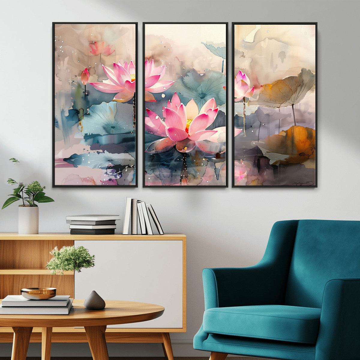 Lotus Flower Wall Art | 3 Panel Giclee Canvas Print of Pink Lotus Blossoms