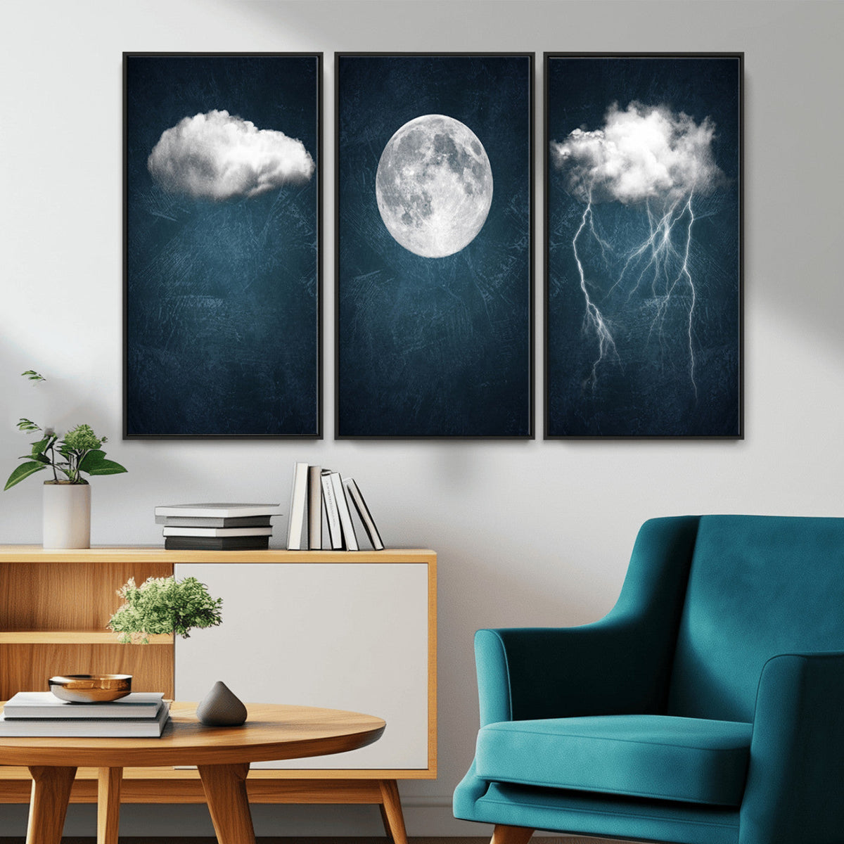 3 Piece Indigo Cloud Wall Art, Thunderstorm Moon Cloud Artwork