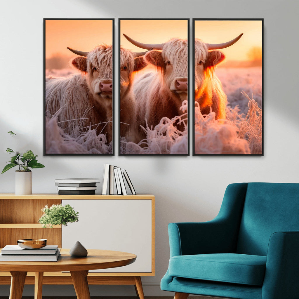 Highland Cows at Sunrise Wall Art Canvas Set