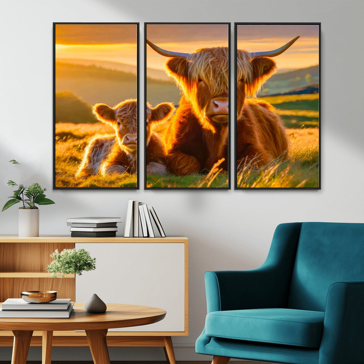 Scottish Cow and Baby Cow Canvas Wall Art Animal Print