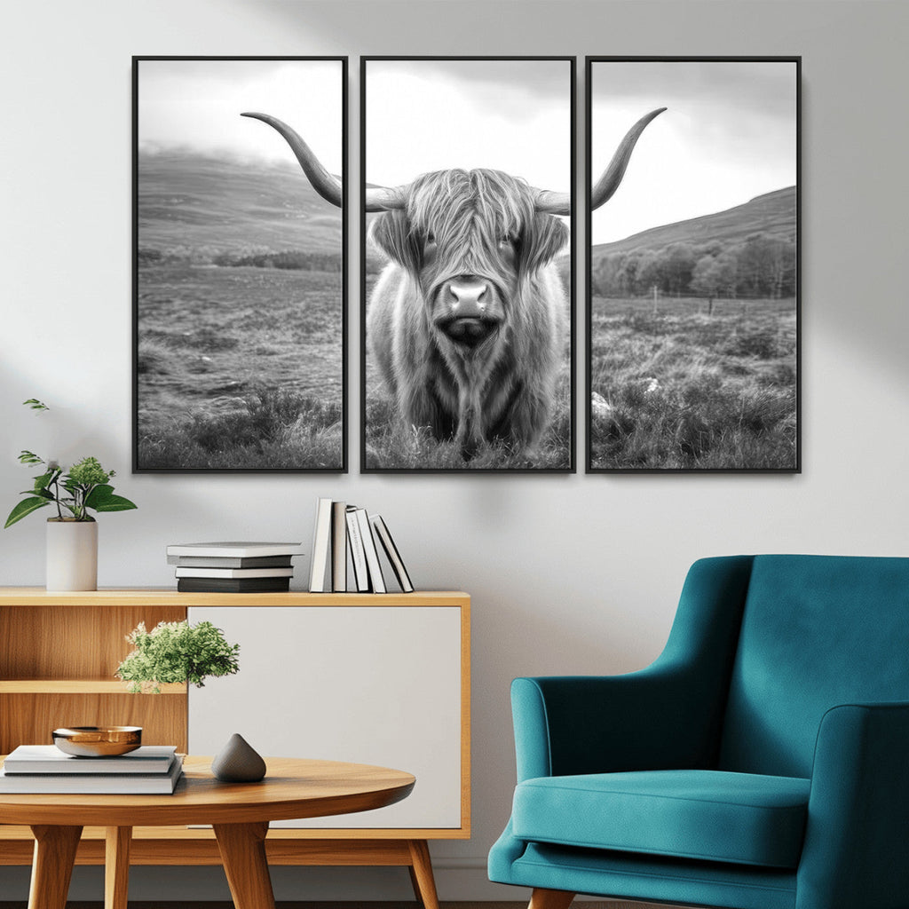 Black White Scottish Highland Cow Canvas Farm Wall Art