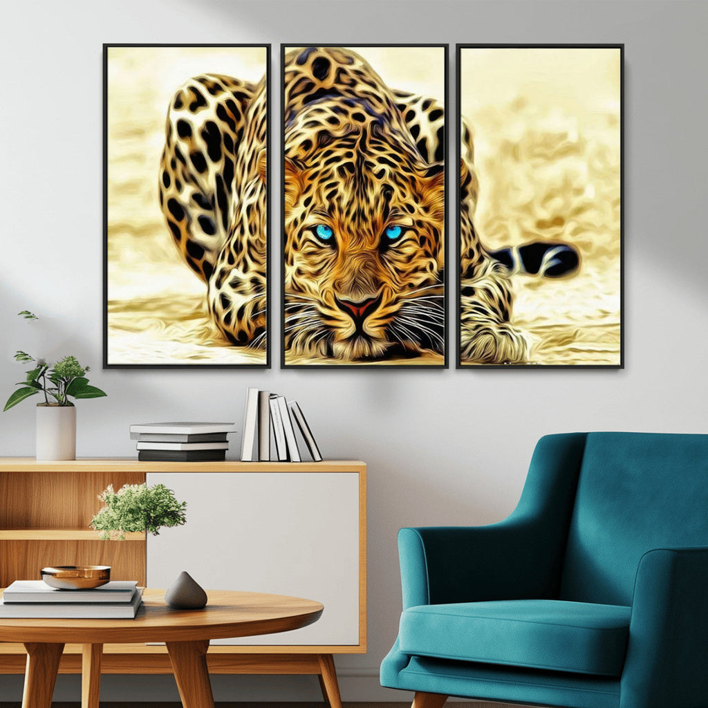 Blue-Eyed Leopard Canvas Wall Art, Framed Animal Print, Fierce and Bold Decor for Living Rooms
