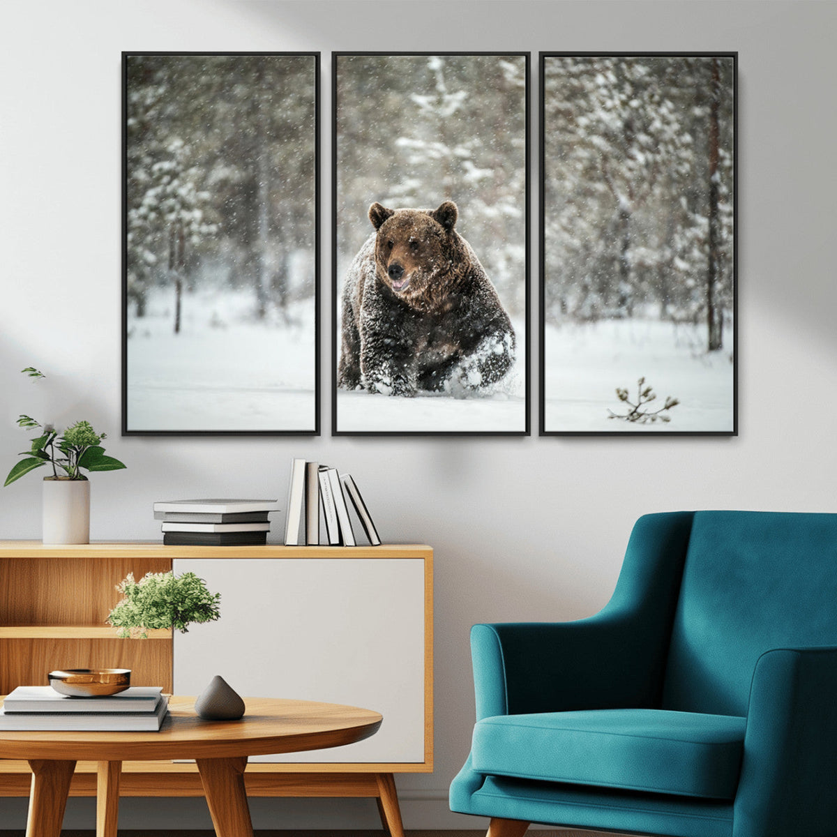 Grizzly Bear Wall Art | Framed Snowy Forest Canvas Artwork