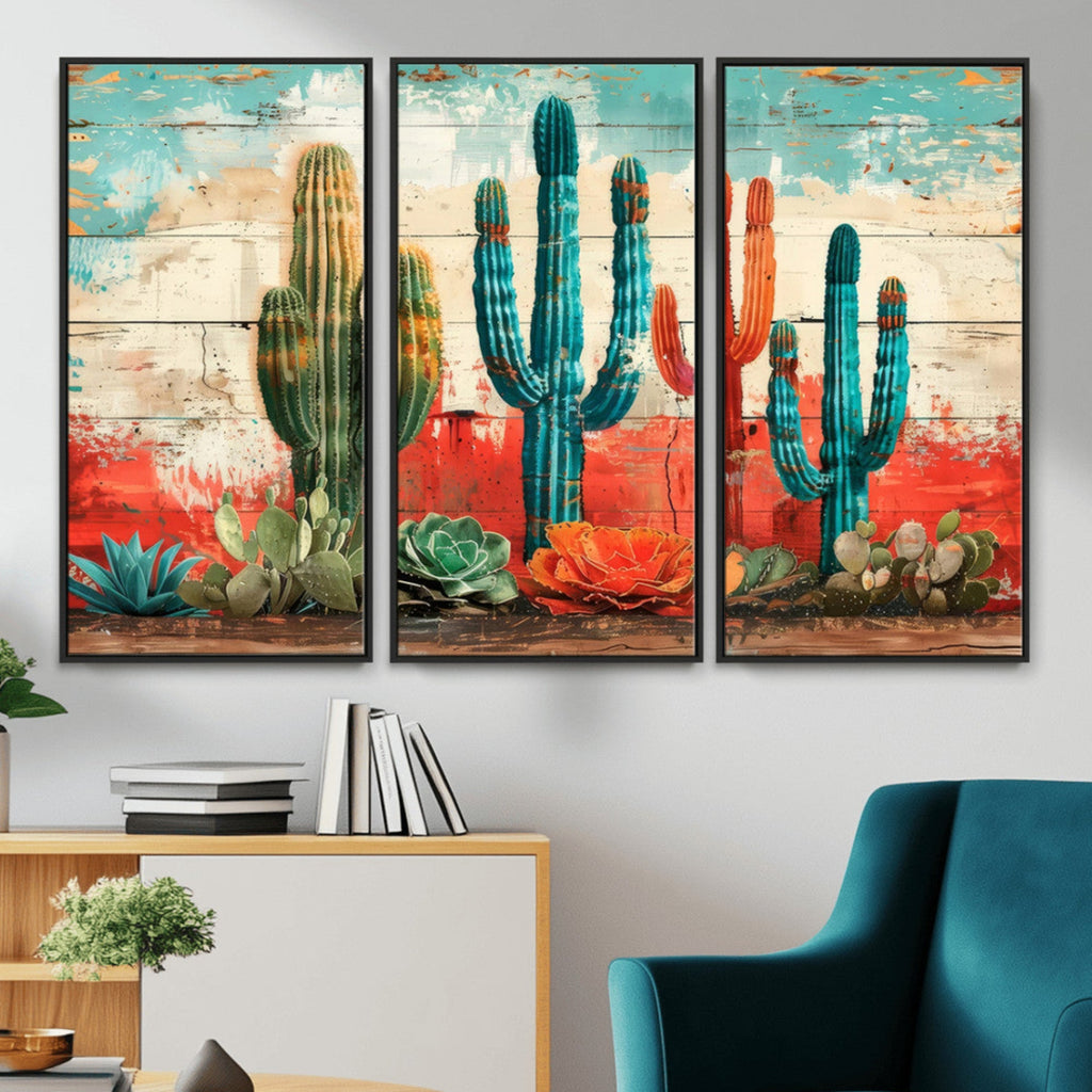 Colorful Cacti Wall Art | Framed Vibrant Succulent Canvas