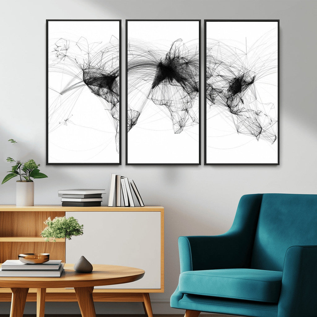 Abstract World Map Wall Art | Framed Geometric Line Canvas