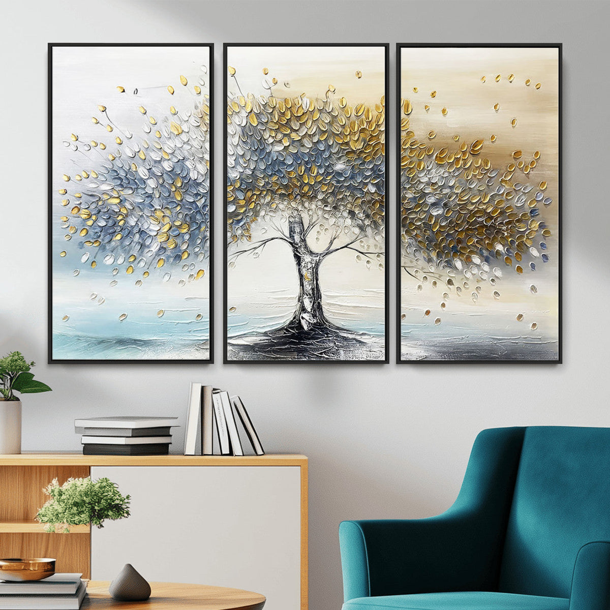 Golden and Silver Tree Wall Art | Framed Elegant Leaves Canvas