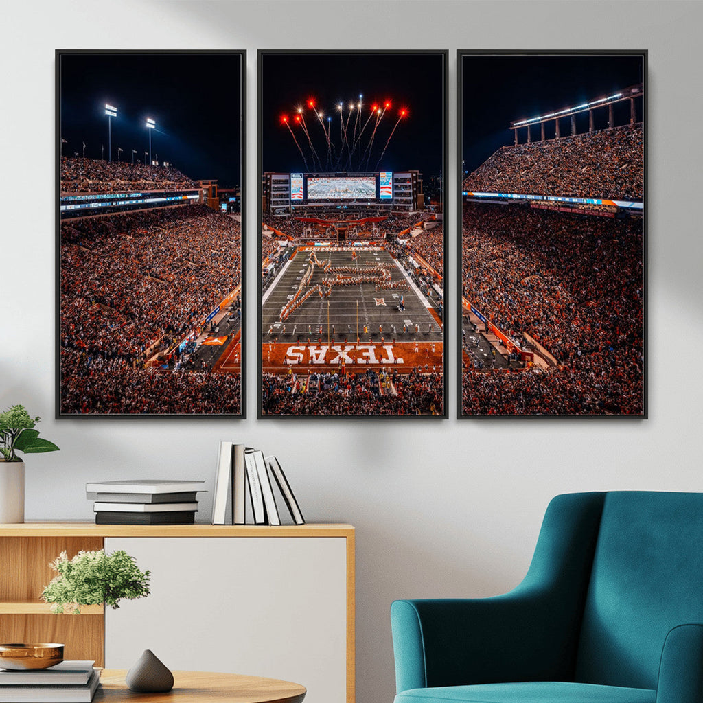 Texas Stadium Night Game Wall Art Canvas Print, Vibrant Football Fireworks Scene