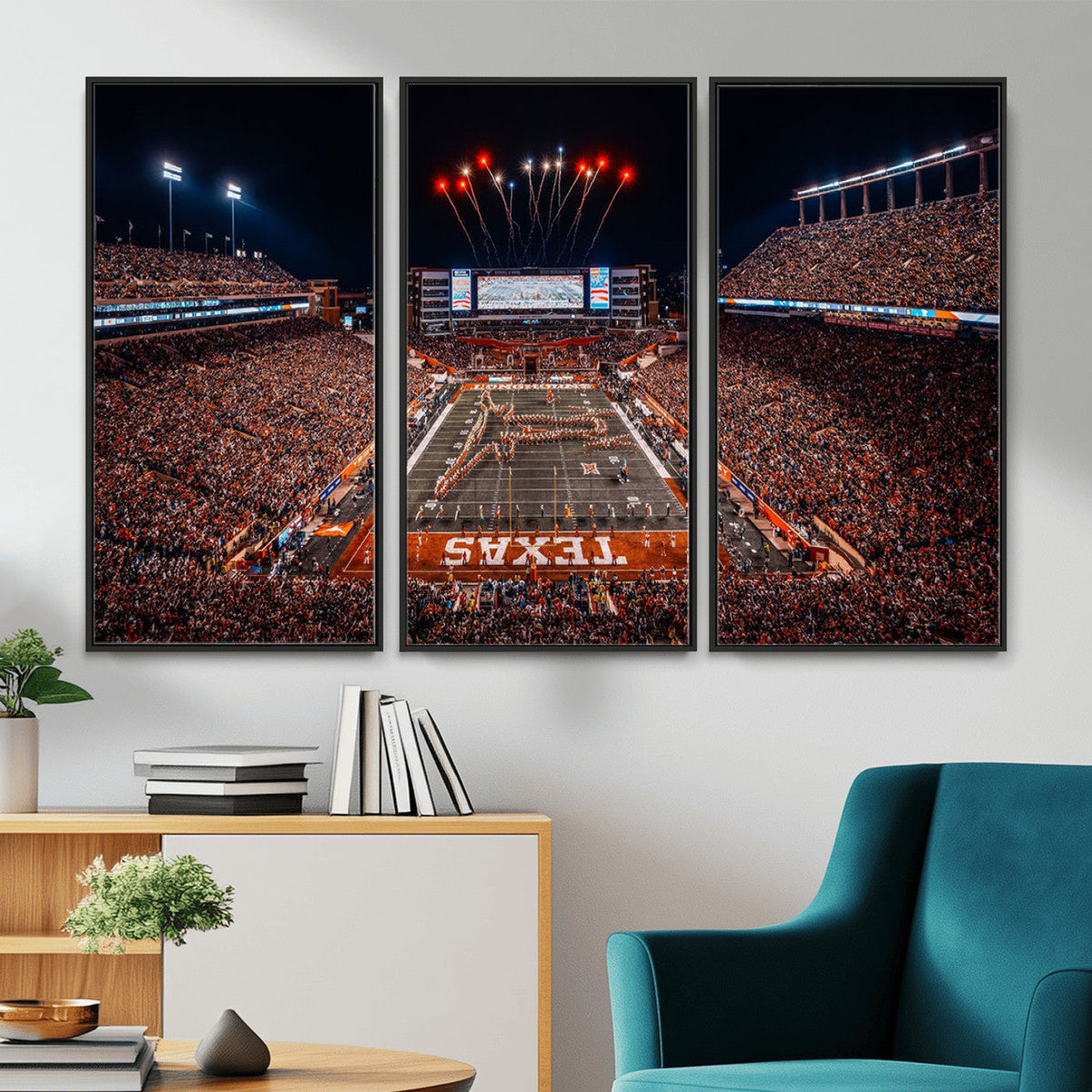 Texas Stadium Night Game Wall Art Canvas Print, Vibrant Football Fireworks Scene