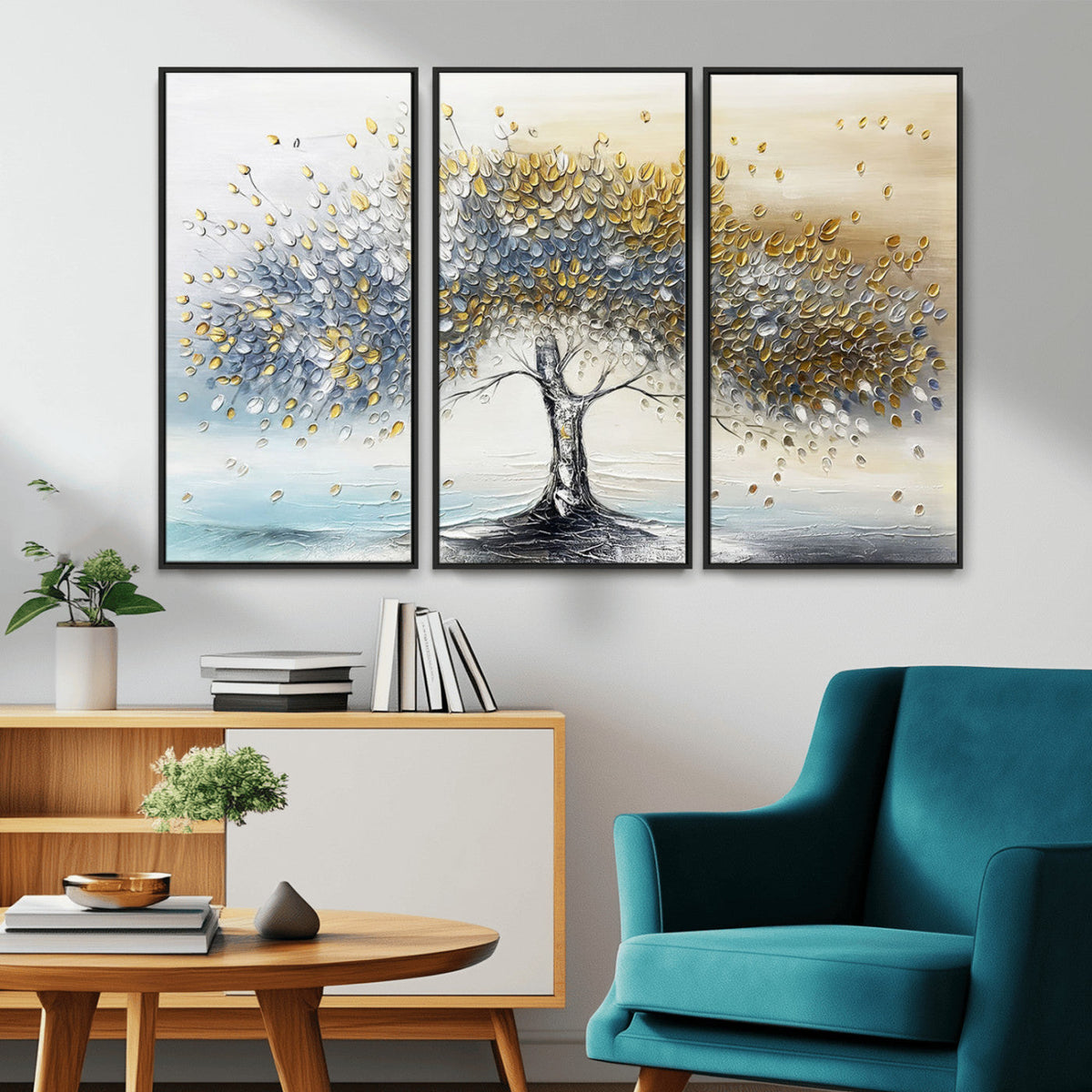 Silver Tree Wall Art | Framed Golden Leaves Canvas Artwork