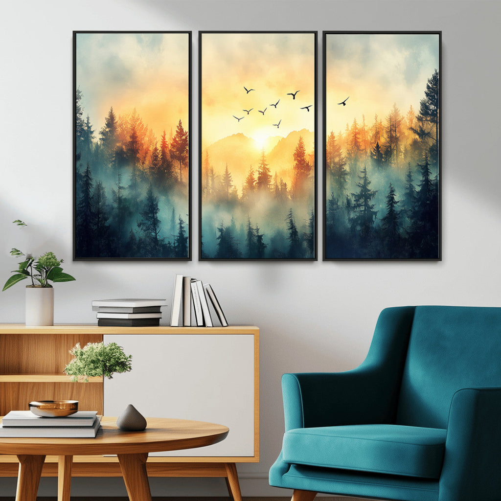 Sunrise Forest Wall Art | Framed Misty Pines Canvas Artwork