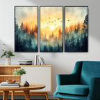 Sunrise Forest Wall Art | Framed Misty Pines Canvas Artwork