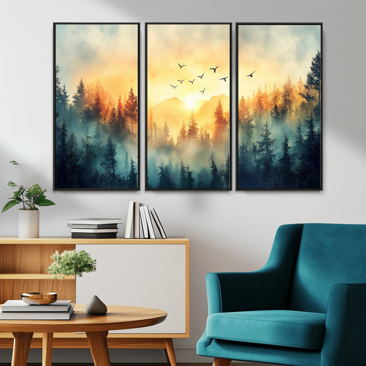 Sunrise Forest Wall Art | Framed Misty Pines Canvas Artwork