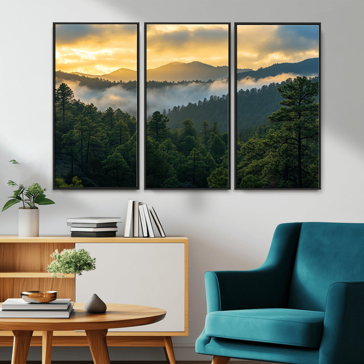 Mountain Sunrise Wall Art | Framed Pine Forest Canvas