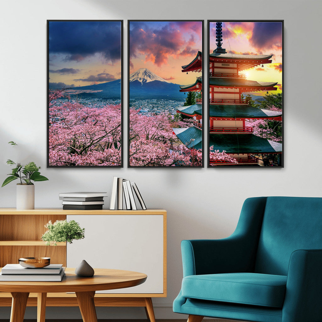 Mount Fuji Cherry Blossom Wall Art Canvas Print | Framed Pagoda Sunset