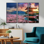 Mount Fuji Cherry Blossom Wall Art Canvas Print | Framed Pagoda Sunset