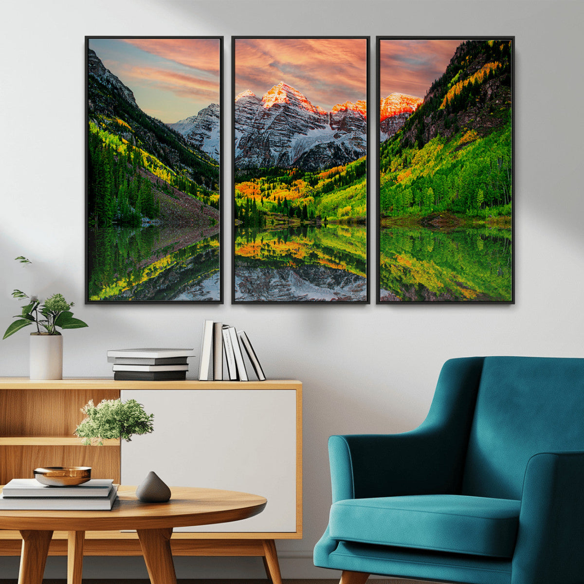Sunset Glow Mountain Wall Art Canvas Print | Peaks, Green Forest and Lake