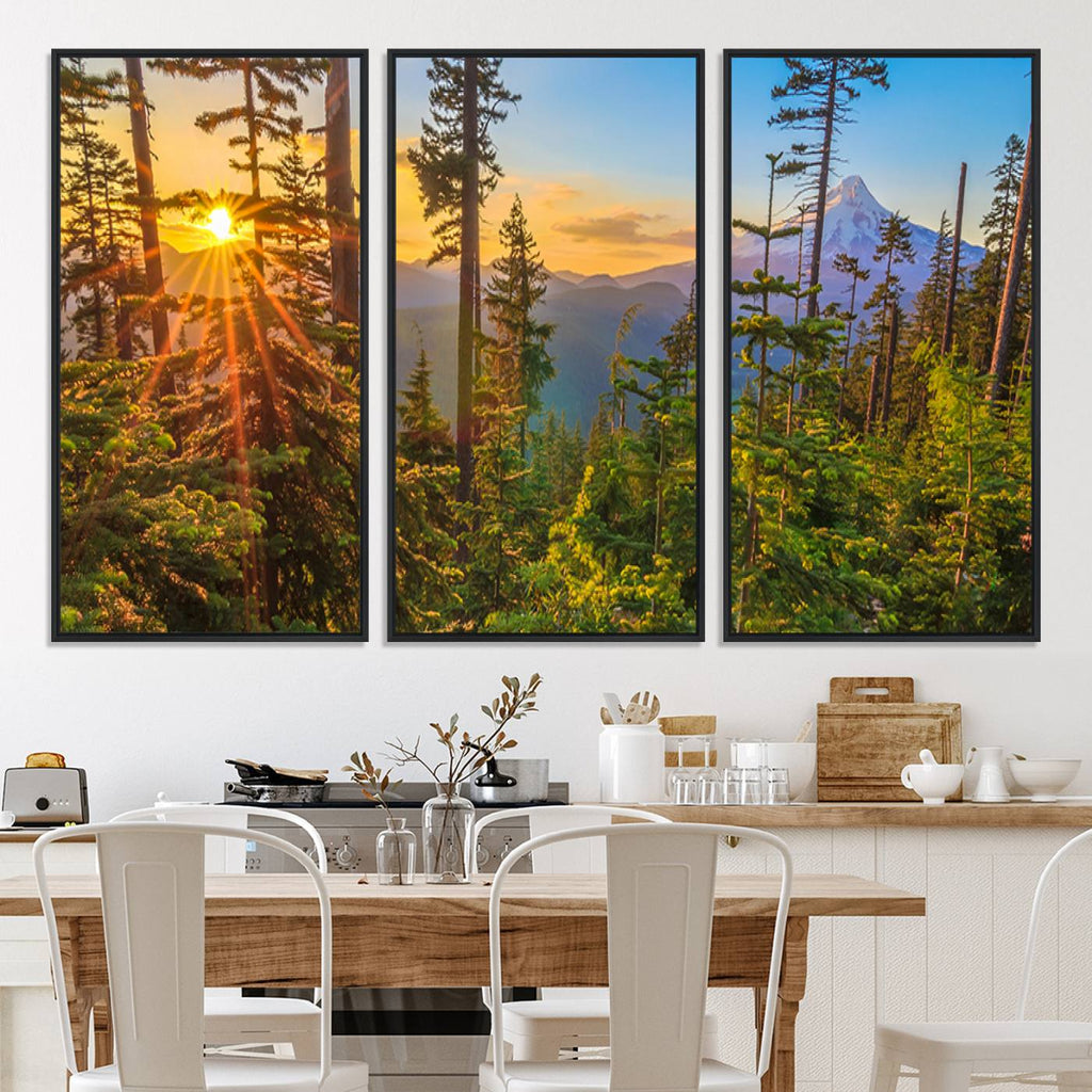 Forest Sunset Wall Art Canvas Print | Green Pines in Golden Light