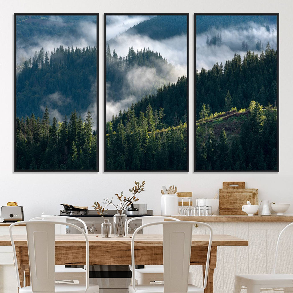 Misty Forest Wall Art Canvas Print | Pine Hills with Foggy Trees