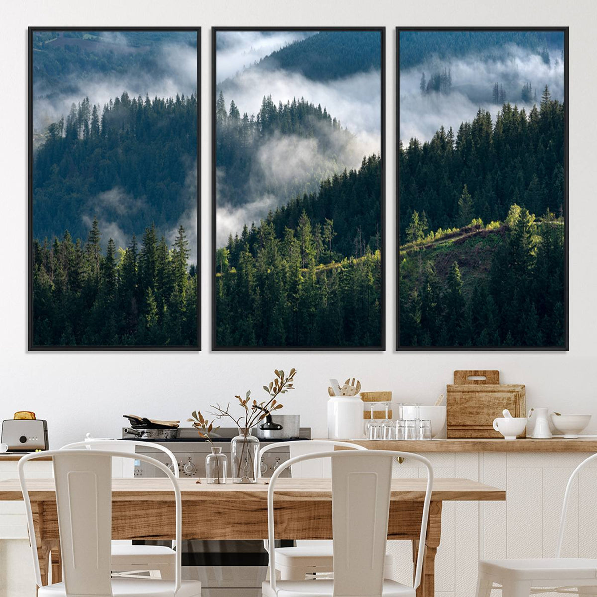 Misty Forest Wall Art Canvas Print | Pine Hills with Foggy Trees