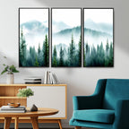 Misty Pine Forest Wall Art, Foggy Mountain Landscape Canvas