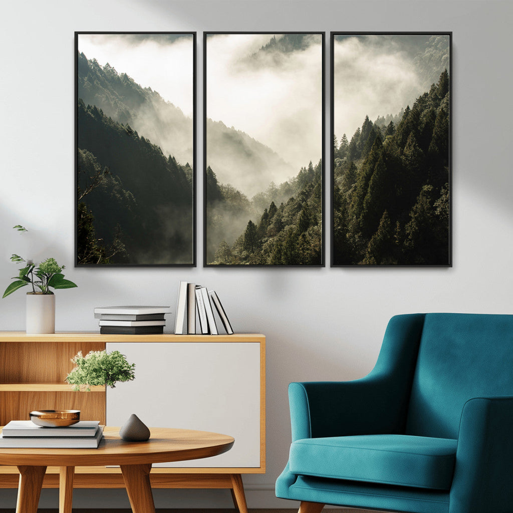 Misty Valley Wall Art: Foggy Forest Canvas Print