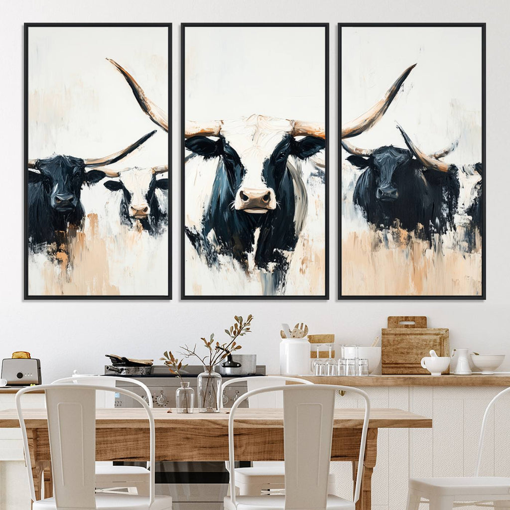Texas Longhorn Wall Art Canvas Print | Majestic Horned Bull in Black and White