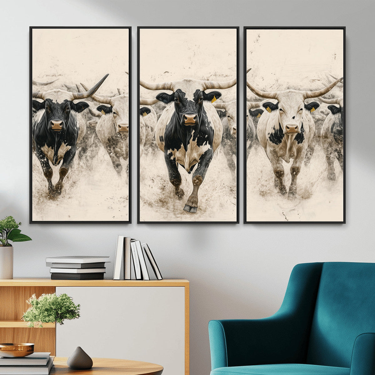 Texas Longhorn Wall Art | Framed Cattle Walking Canvas