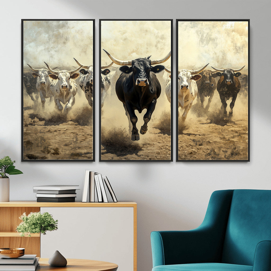 Texas Longhorn Wall Art | Framed Charging Cattle Canvas