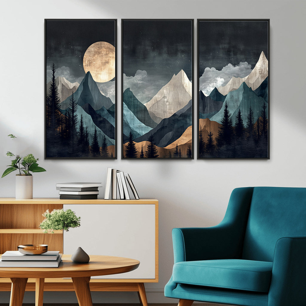 Moonlit Mountain Wall Art Canvas Print, Framed Silhouetted Pines Art, Layered Peaks Rustic Decor