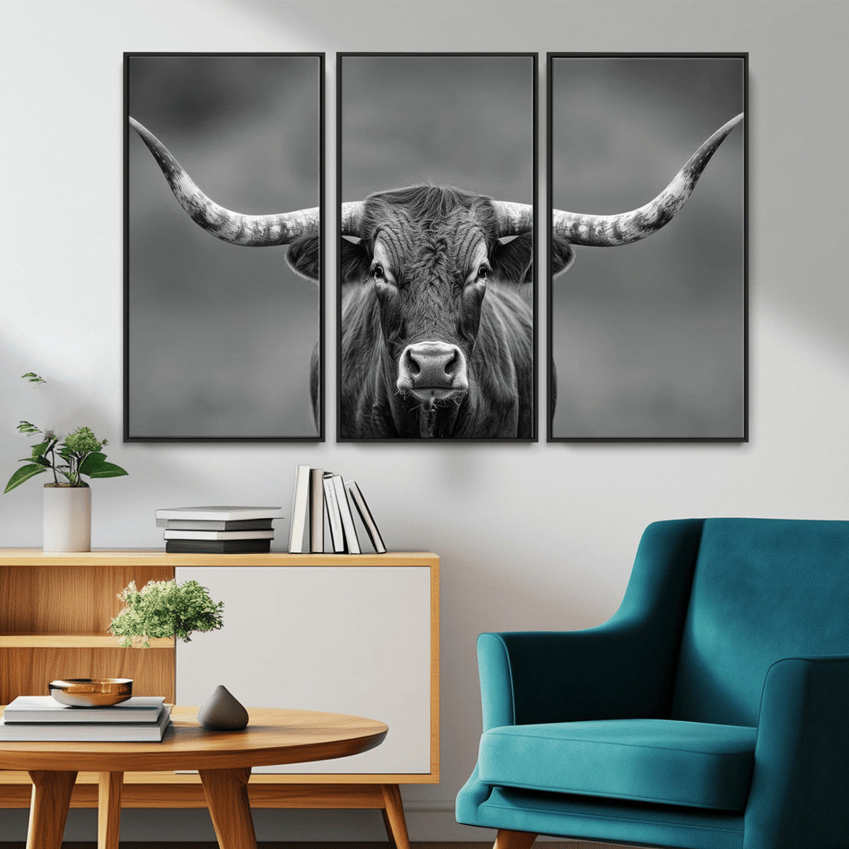 Texas Longhorn Wall Art Canvas Print, Framed Western Bull Photography, Rustic Log Cabin Decor