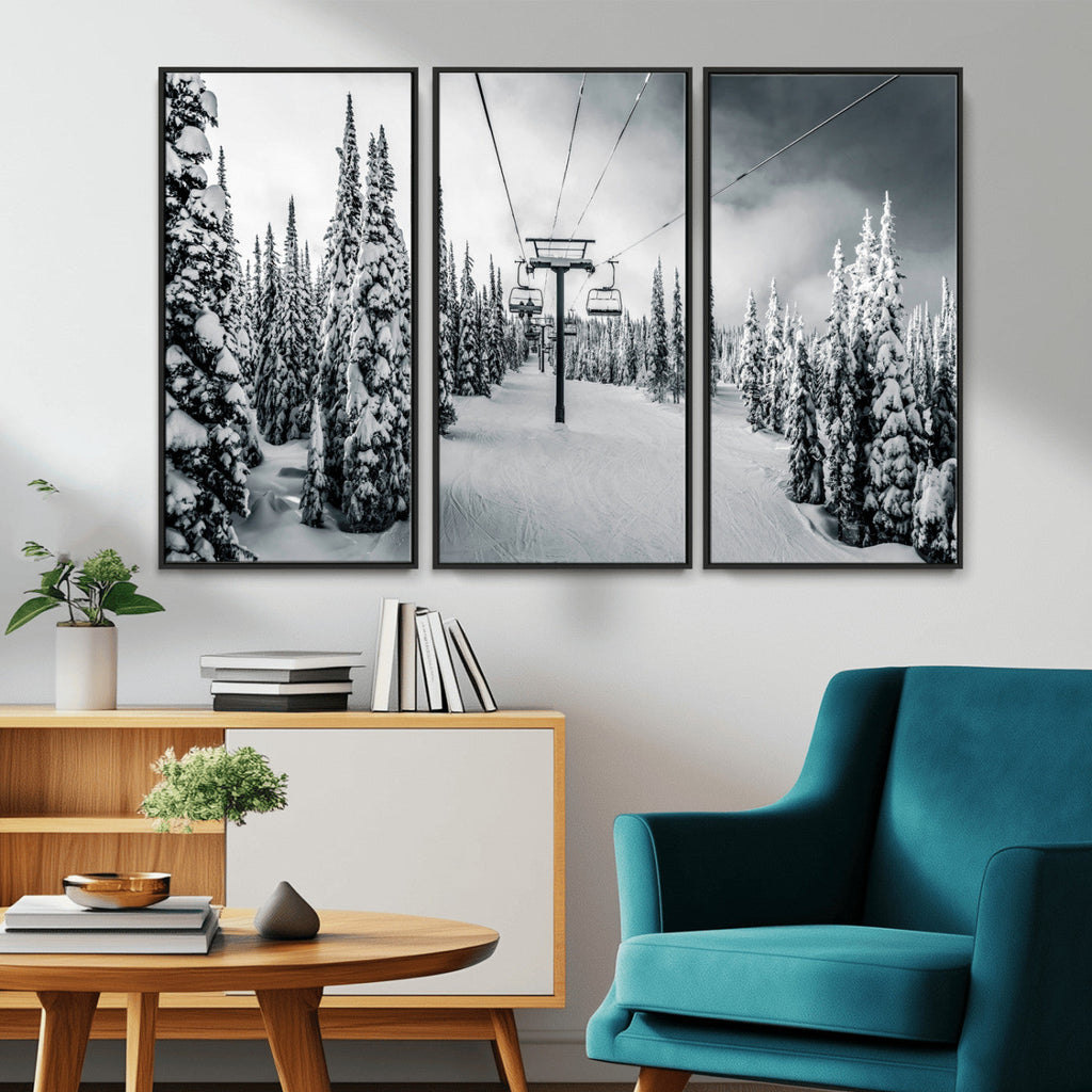 Snowy Pines Wall Art Canvas Print | Ski Lift in a Winter Forest