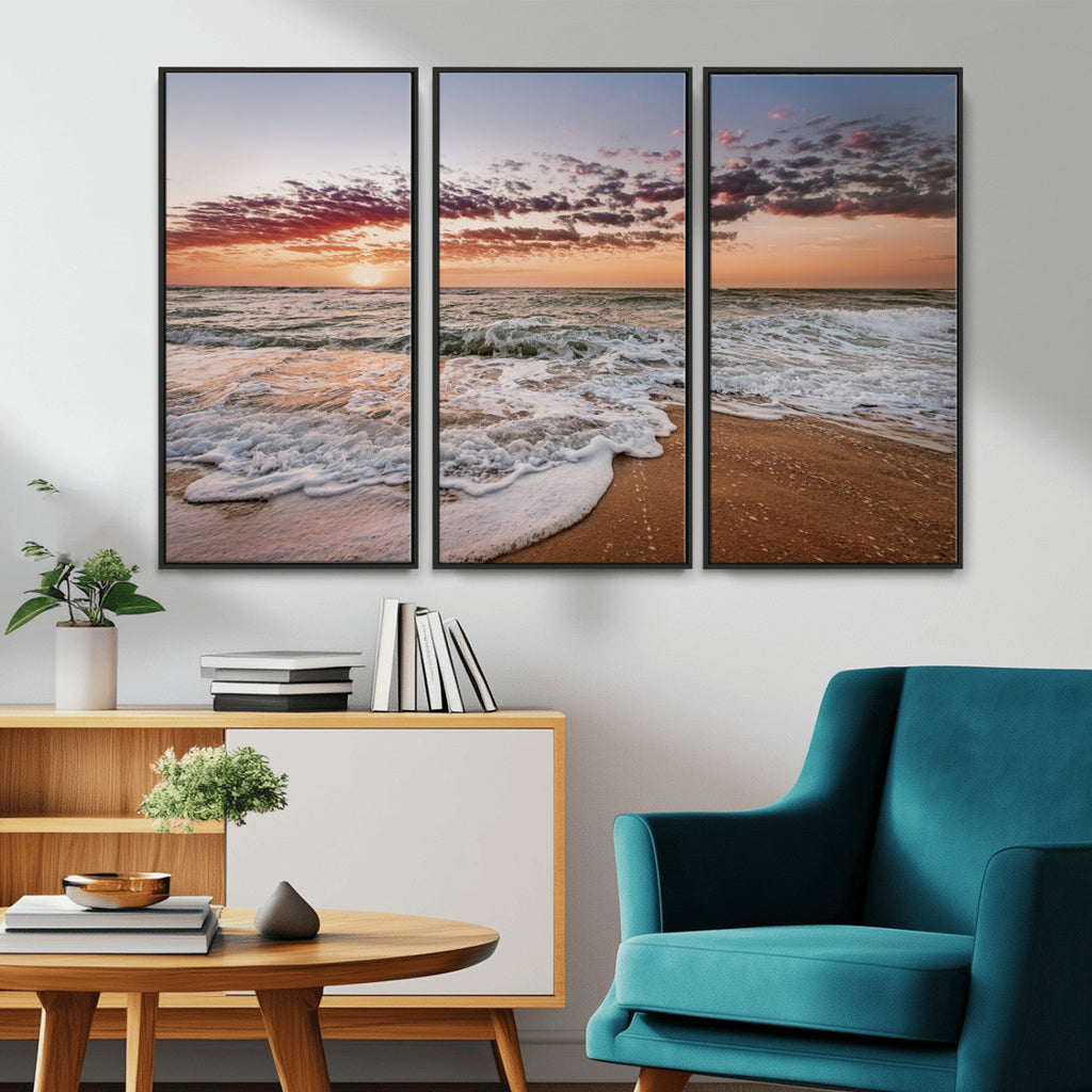 Ocean Sunset Wall Art Canvas Print | Sandy Shore and Gentle Waves