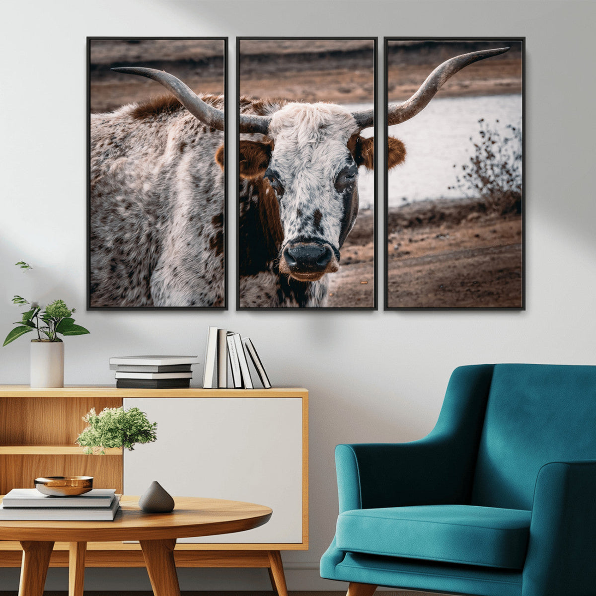 Texas Longhorn Wall Art Canvas Print | Framed Brown and White Spotted Longhorn