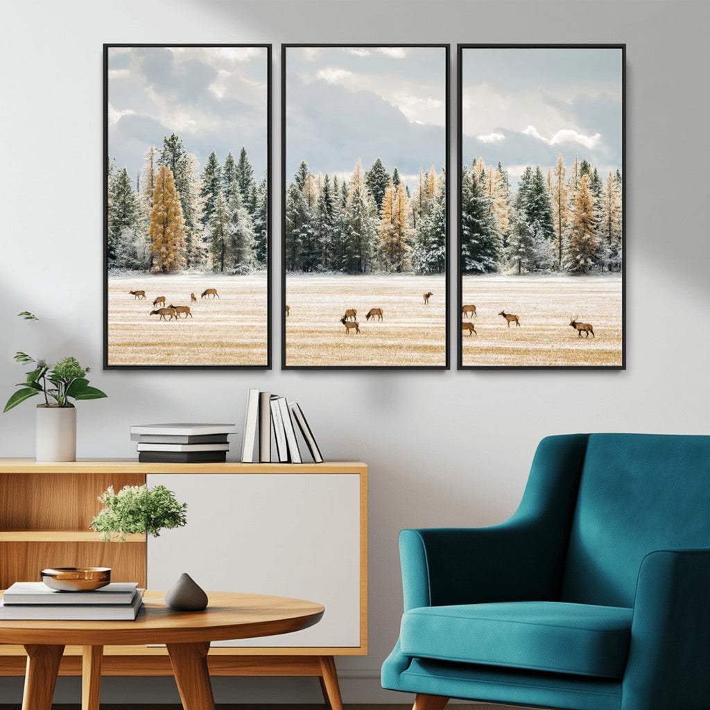 Elk Herd Wall Art, Framed Snowy Forest Canvas Artwork