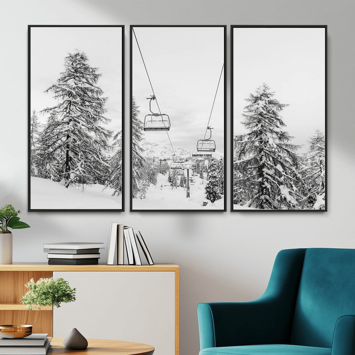 Snowy Ski Lift Wall Art | Framed Winter Forest Canvas