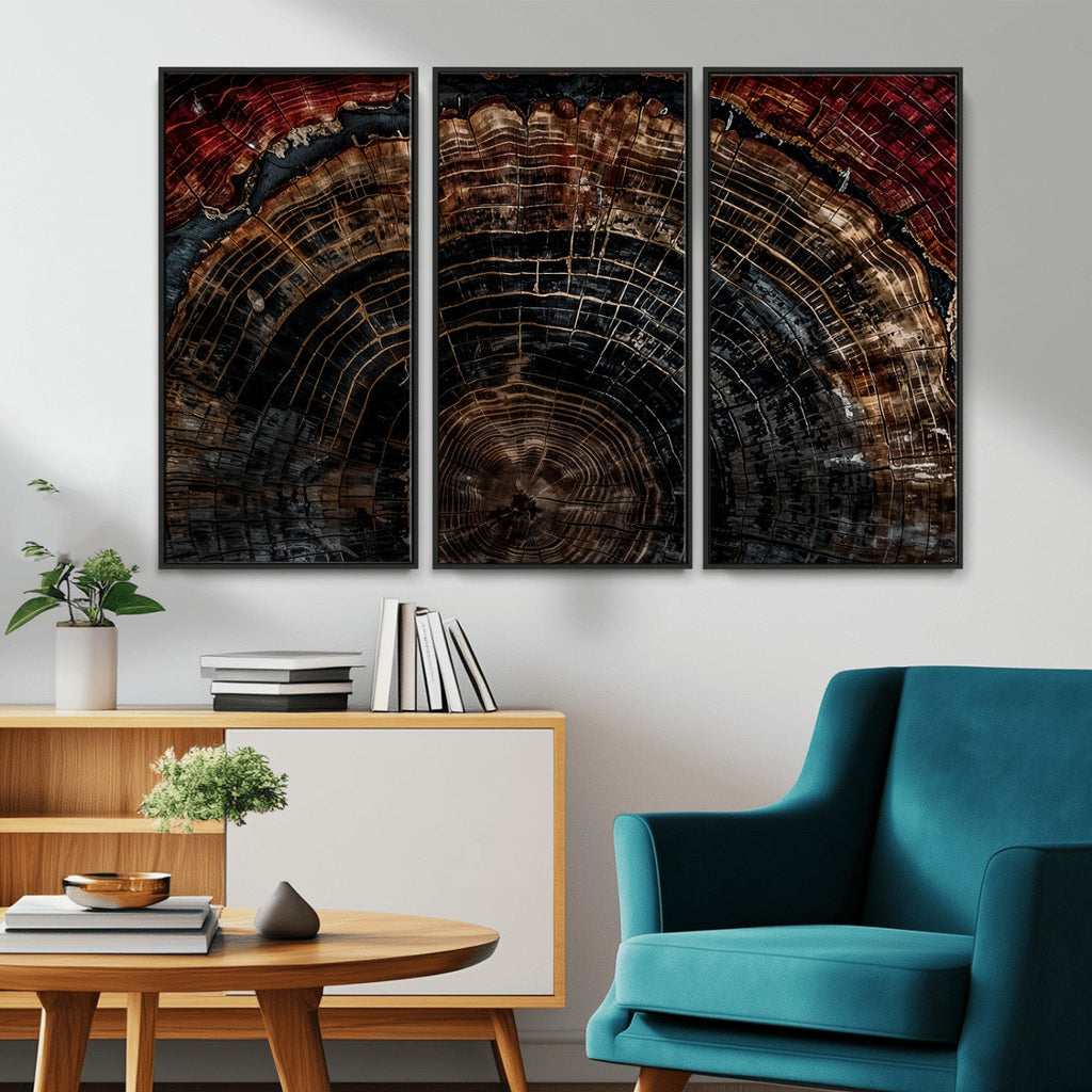 Dark Wood Ring Wall Art Canvas Print, Framed Abstract Tree Slice Print, Rustic Wood Grain Decor