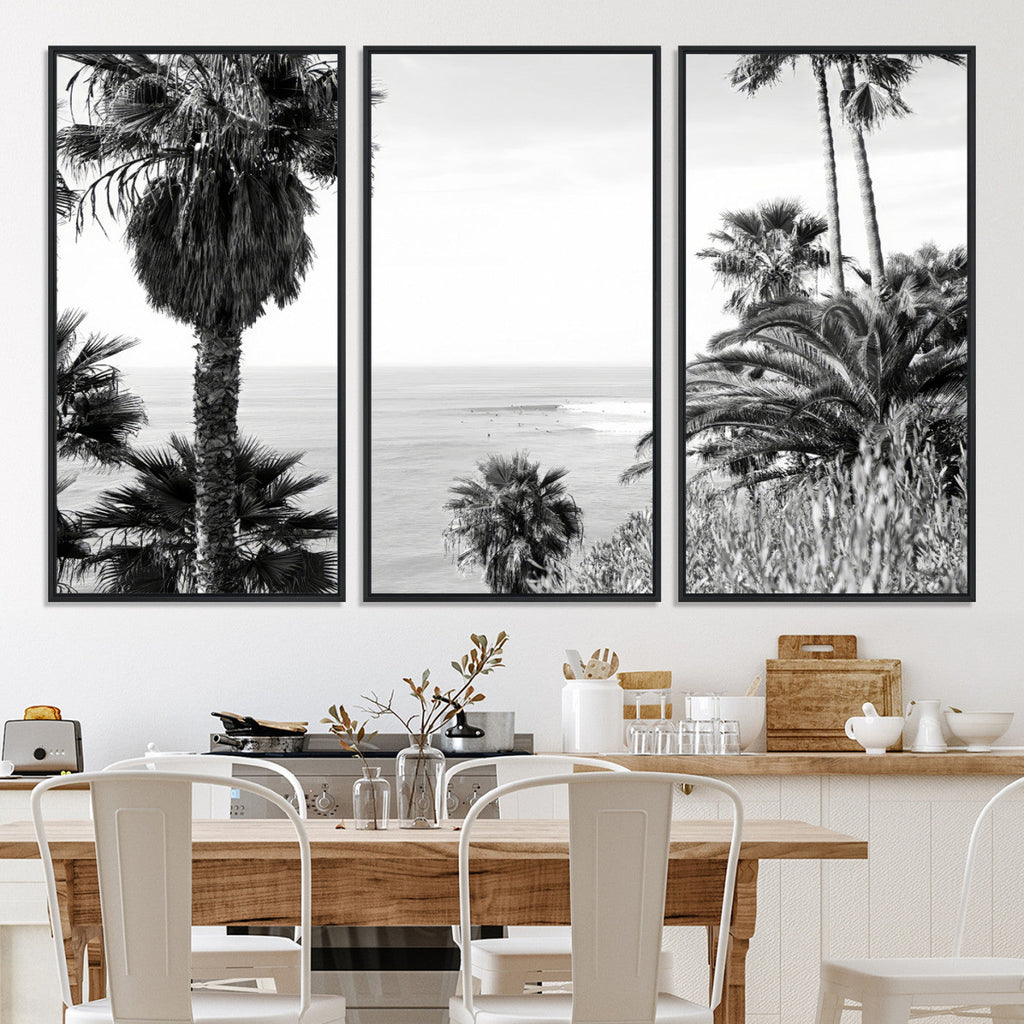 Palm Trees Wall Art Canvas Print, Framed Coastal Ocean Horizon Monochrome Art