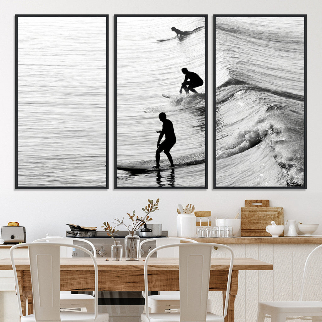Surfers on Waves Wall Art Canvas Print | Framed Black and White Surf