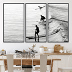 Surfers on Waves Wall Art Canvas Print | Framed Black and White Surf