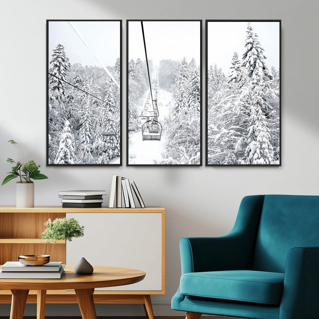 Snowy Ski Lift Wall Art | Framed Winter Mountain Canvas