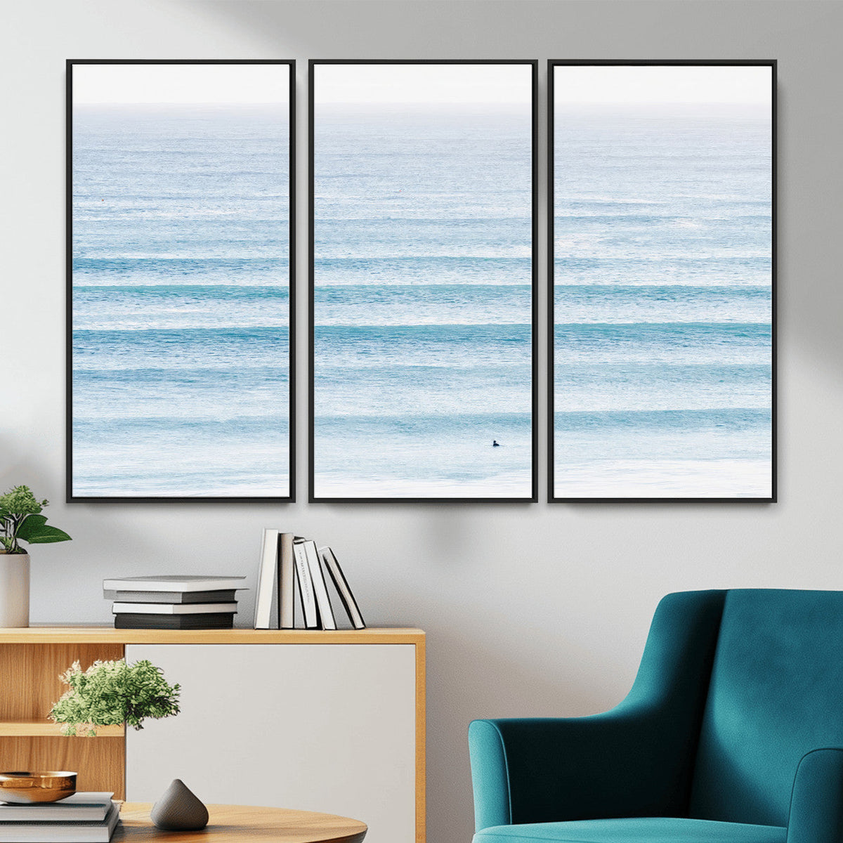 Ocean Wave Surfer Wall Art | Framed Minimal Seascape Canvas
