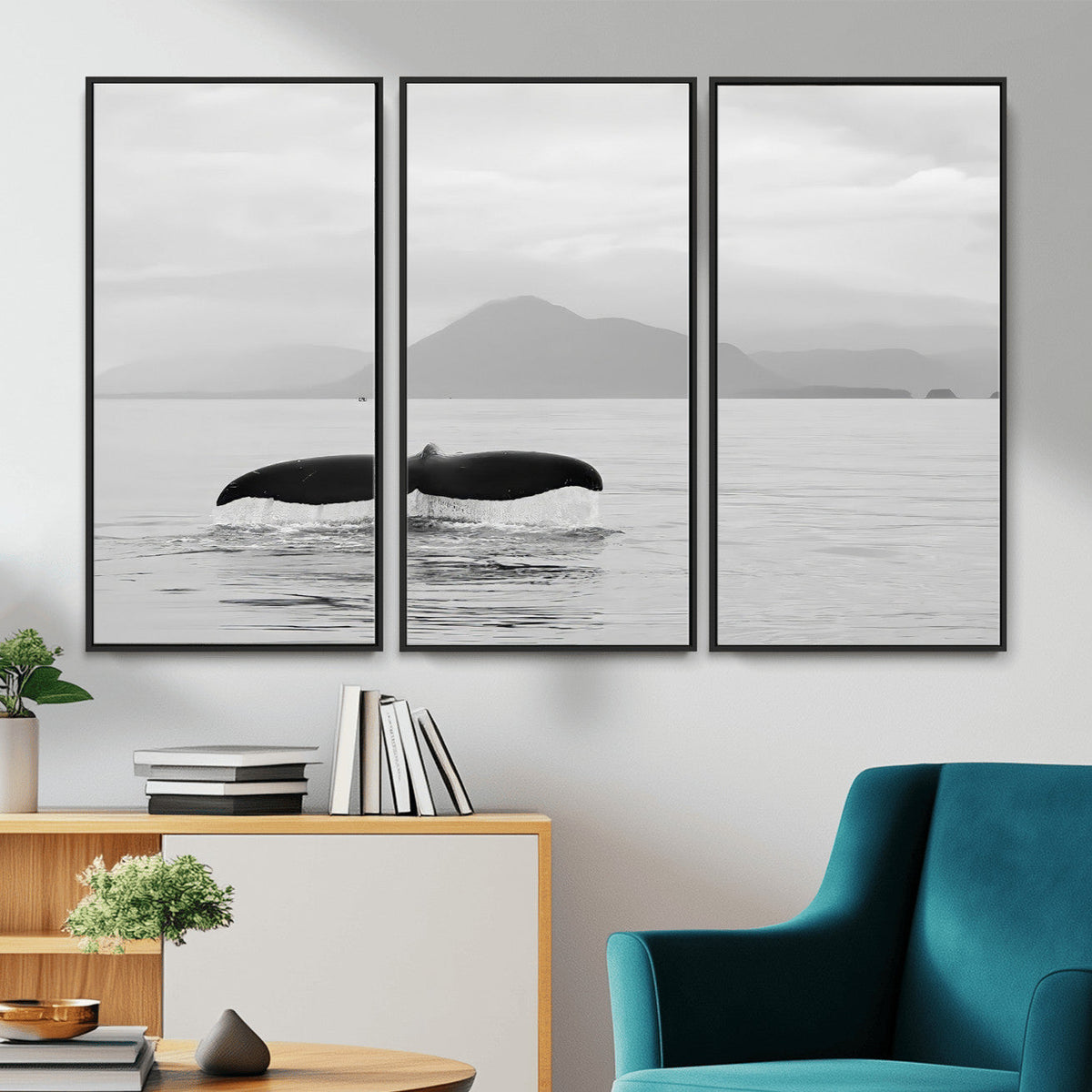 Whale Tail Wall Art | Framed Black White Ocean Canvas