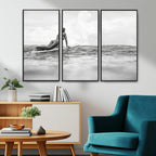 Black and White Surfing Wall Art Canvas Print, Framed Ocean Horizon Surfer Girl