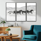 Wild Horses Running Wall Art Canvas Print, Framed Black White Mustangs Artwork